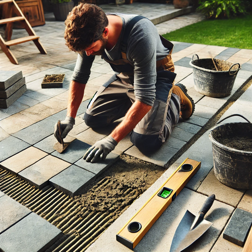 DALL·E 2024-12-31 11.26.21 - A professional outdoor paver or tiler working on a patio or terrace. The worker is laying tiles or paving stones, carefully aligning and placing them