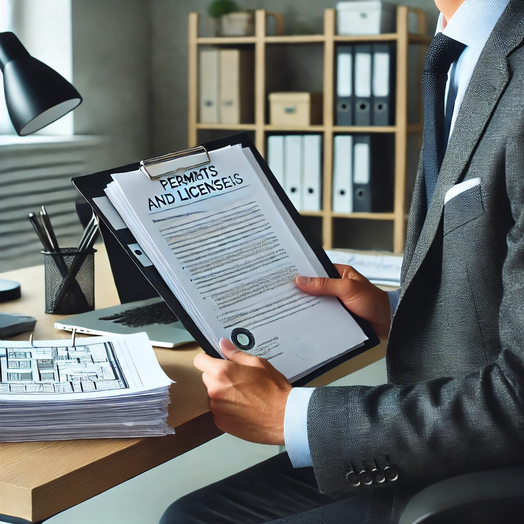 DALL·E 2024-12-31 11.43.57 - A professional scene showing an administrative manager or lawyer in an office setting, holding documents related to permits and licenses for home reno