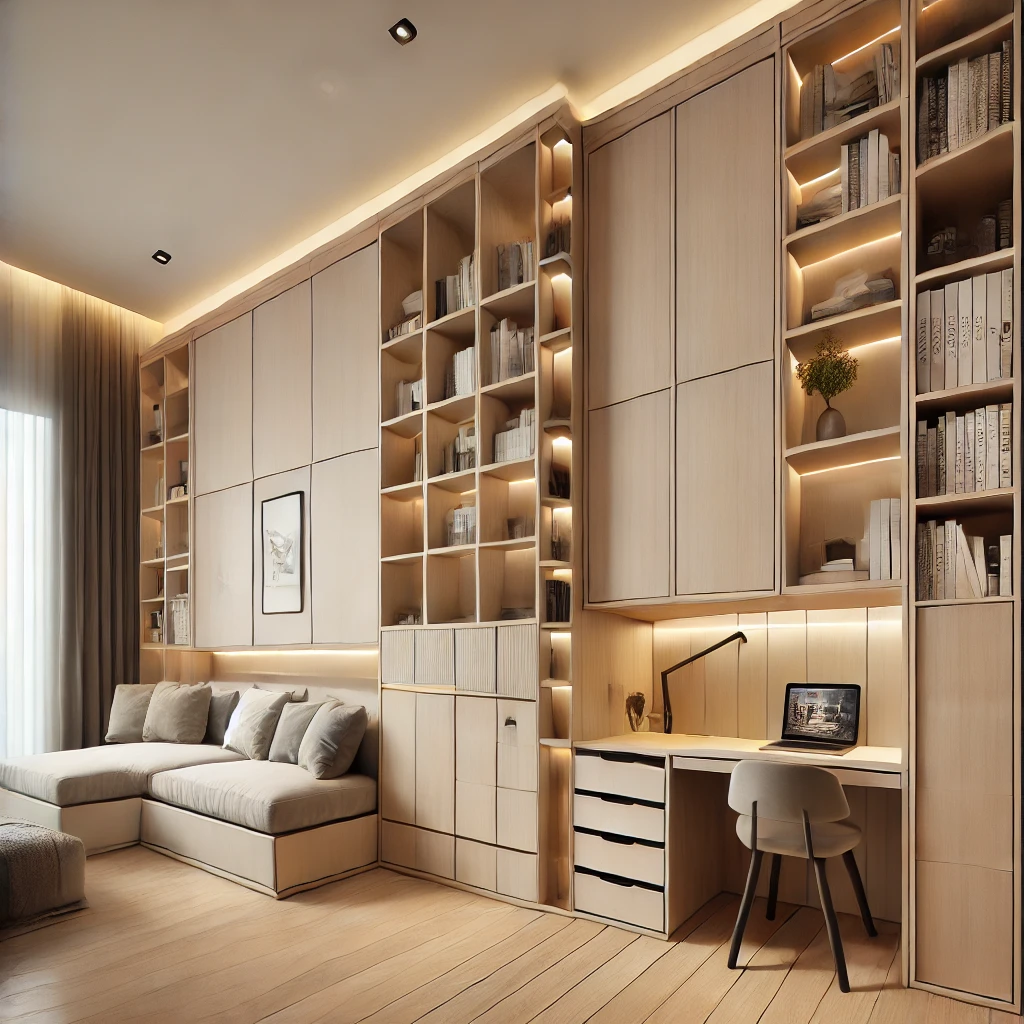 DALL·E 2024-12-31 11.55.50 - Custom-designed furniture integrated into walls, featuring built-in modular units such as bookshelves, foldable desks, and storage spaces. The furnitu