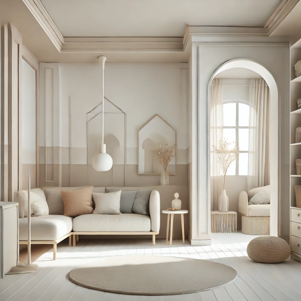 DALL·E 2024-12-31 11.56.51 - A cozy interior space featuring walls and ceilings painted in light tones such as white, beige, and soft grays. The room is well-lit with natural ligh