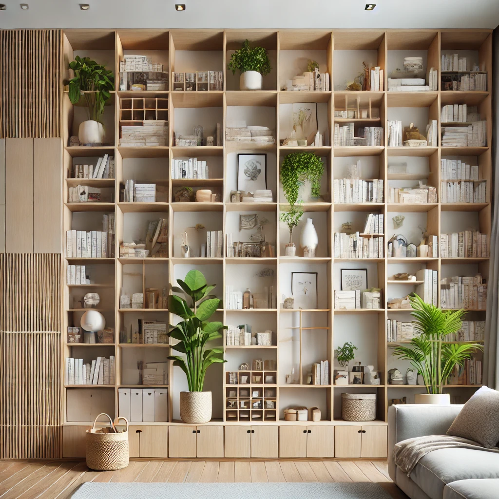 DALL·E 2024-12-31 11.58.54 - A well-organized living space featuring floor-to-ceiling shelving units, maximizing vertical storage. The shelves are filled with neatly arranged book