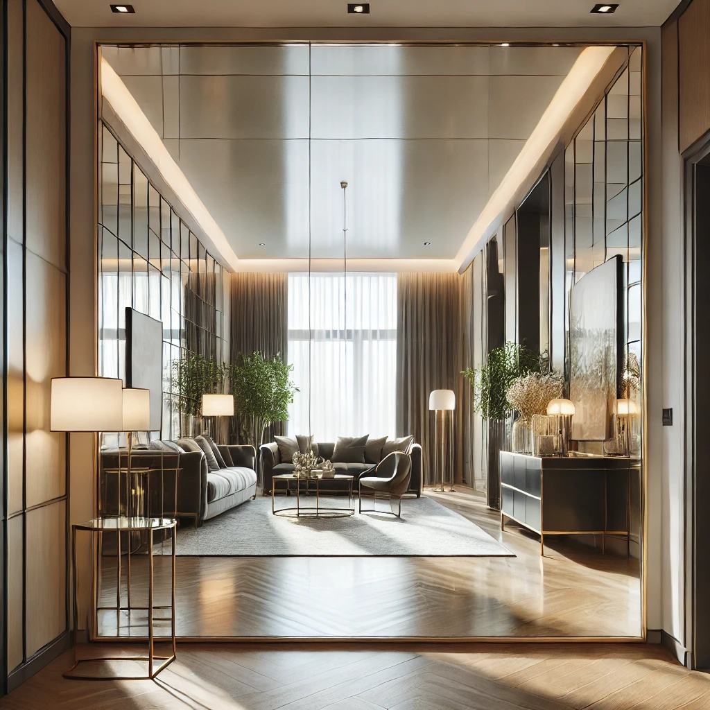 DALL·E 2024-12-31 11.59.14 - A stylish interior featuring strategically placed large mirrors. A grand mirror is positioned in an entryway, reflecting natural light from a nearby w