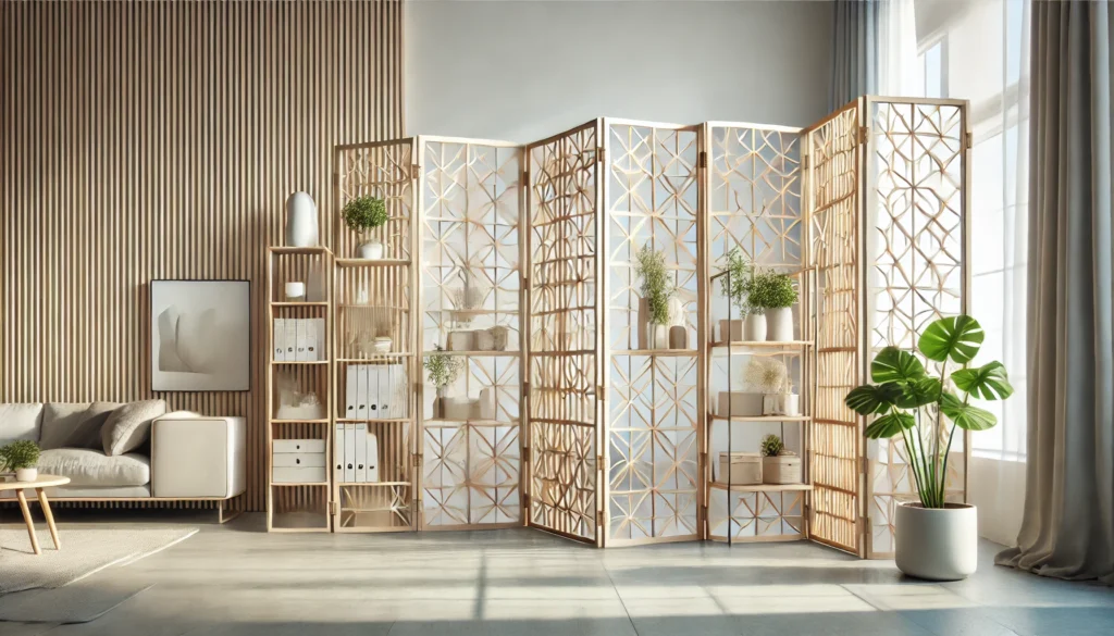 DALL·E 2024-12-31 12.03.10 - A modern and minimalist interior space featuring lightweight space dividers. The dividers include open shelving units and folding screens (biombos) wi