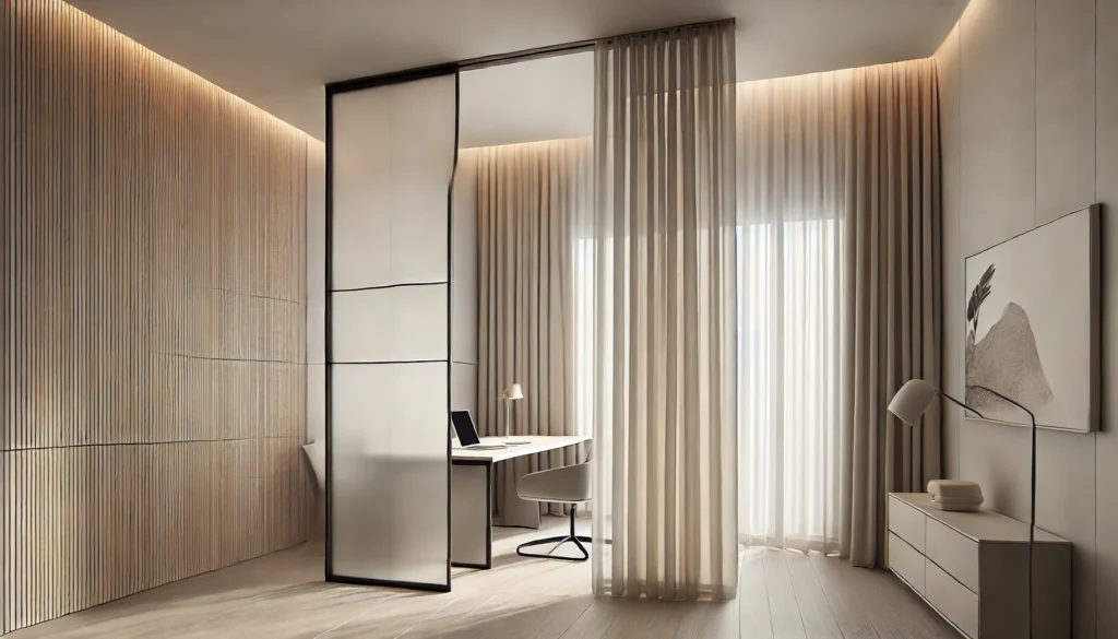 DALL·E 2024-12-31 12.04.10 - A contemporary and flexible interior design featuring curtains and sliding panels used as space dividers. The curtains are made of light, translucent
