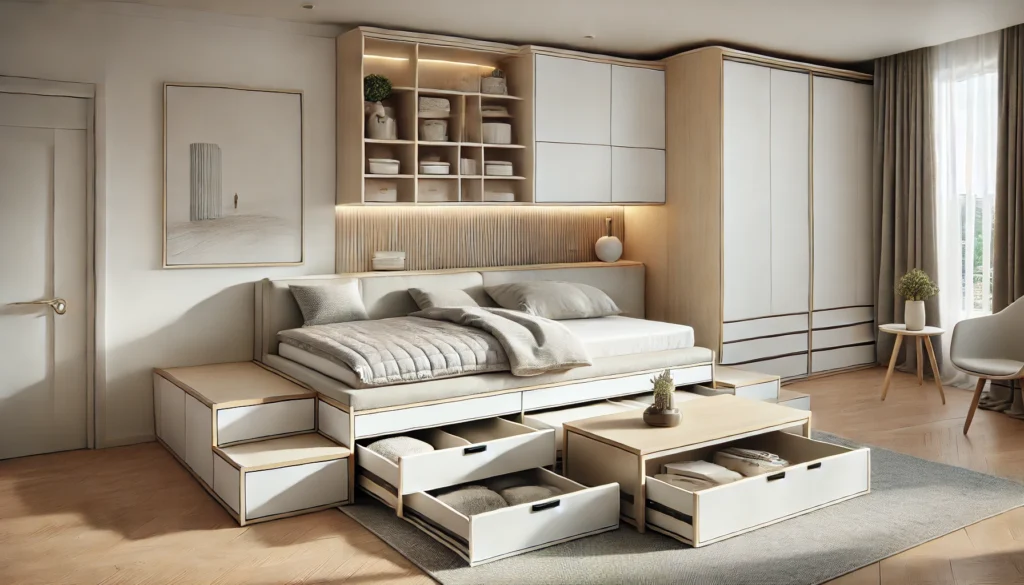 DALL·E 2024-12-31 12.04.17 - A modern and functional interior showcasing smart storage solutions. Features include a bench with hidden storage beneath the seat, a bed with pull-ou