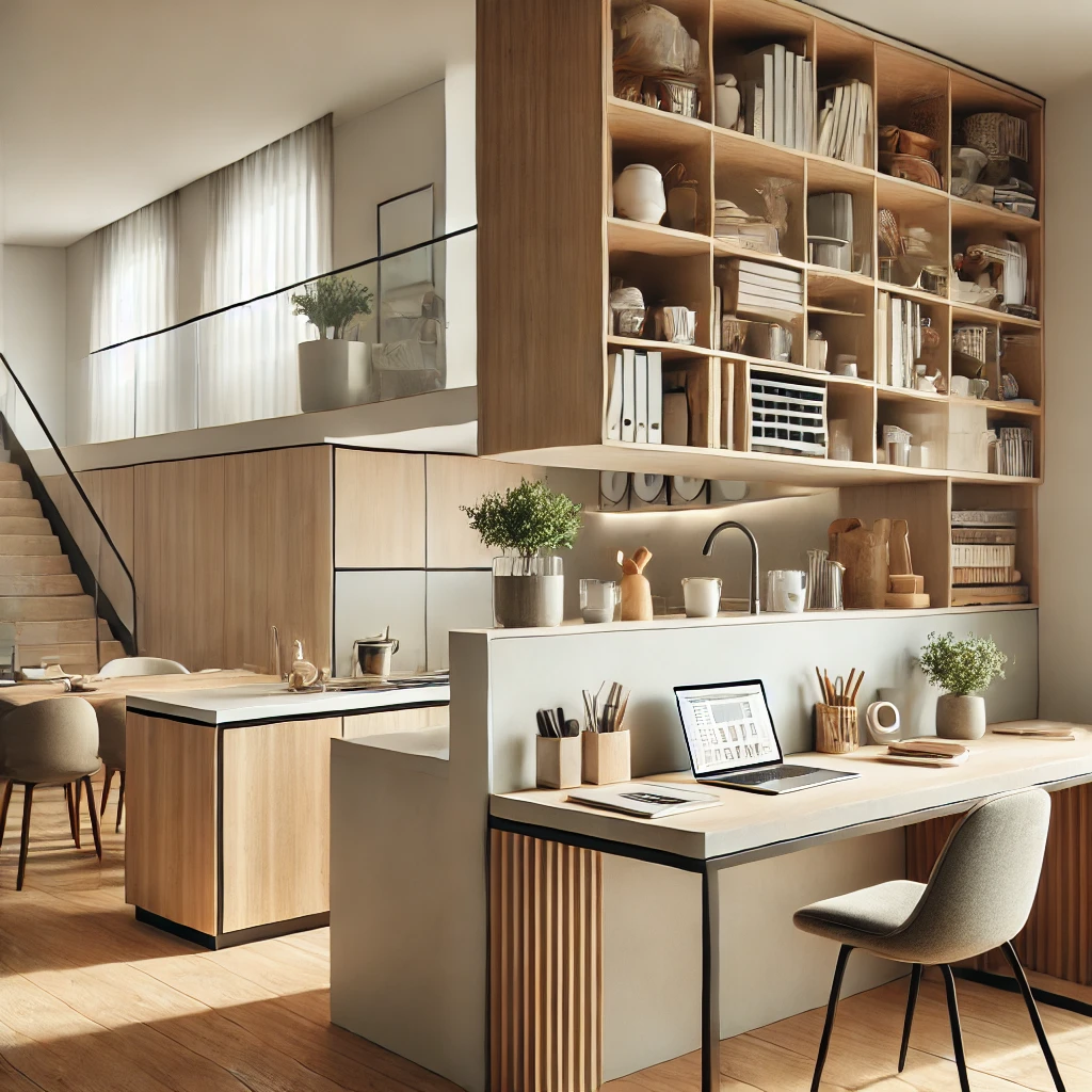 DALL·E 2024-12-31 12.06.03 - A modern interior design featuring flexible functional spaces. The image showcases a kitchen with a sleek bar counter that doubles as a workspace with