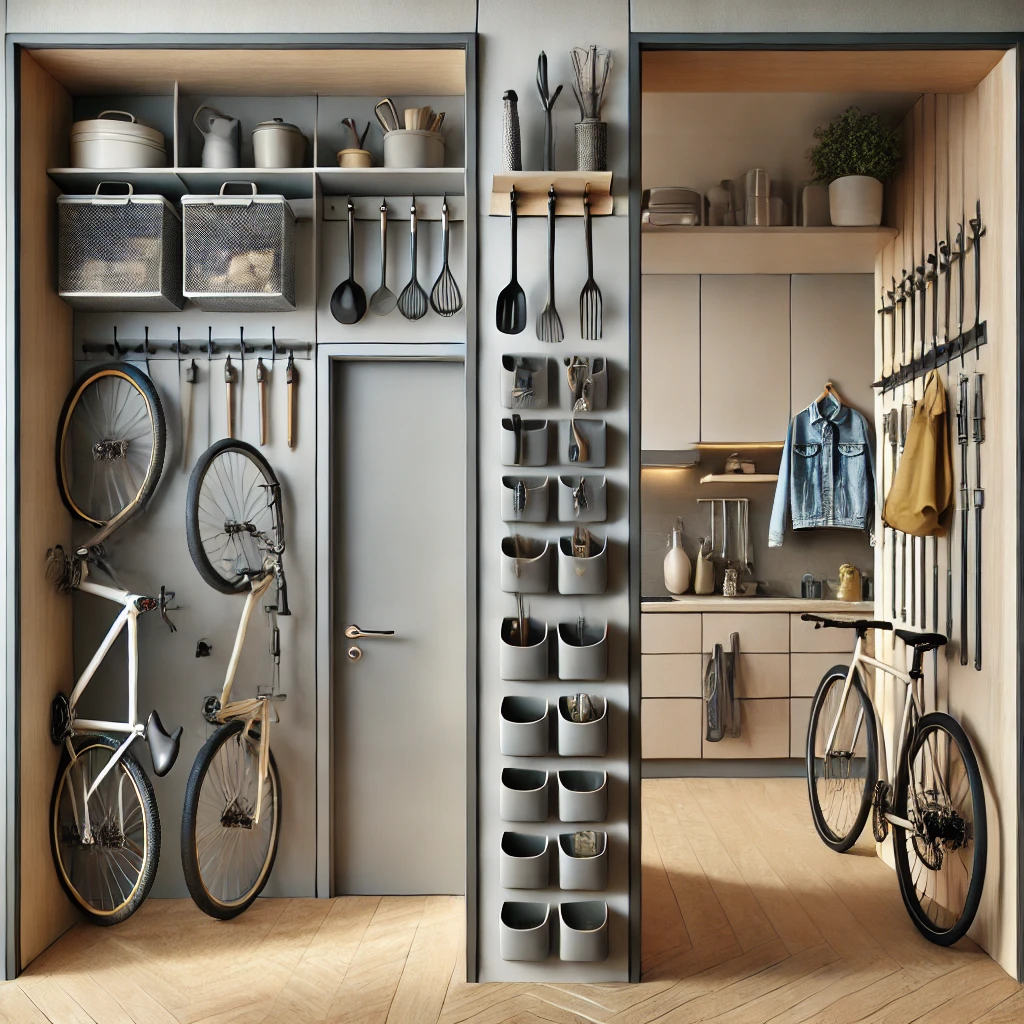 DALL·E 2024-12-31 12.06.56 - An innovative interior design showcasing doors and walls used as hanging organizers. The image features a modern room where one wall has hooks and rac