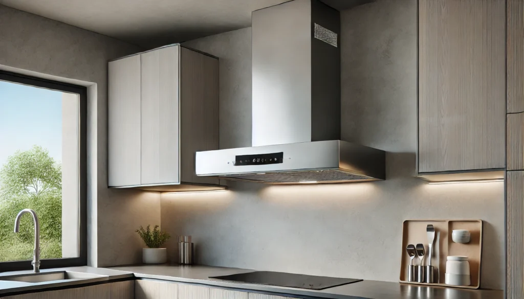 DALL·E 2025-01-01 15.34.01 - A modern wall-mounted kitchen range hood designed to extract smoke and odors. The hood is installed directly on the wall above a sleek kitchen counter