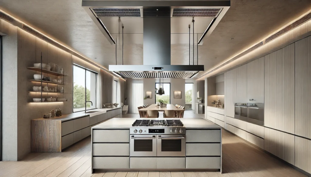 DALL·E 2025-01-01 15.34.15 - A modern island range hood designed for a central kitchen island. The hood is suspended from the ceiling, featuring a sleek and stylish stainless stee