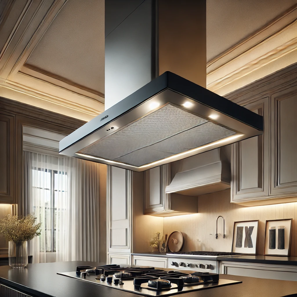 DALL·E 2025-01-01 15.57.42 - An image of a recirculating extractor hood in a modern kitchen environment. The extractor hood is sleek and contemporary, positioned above a stovetop,