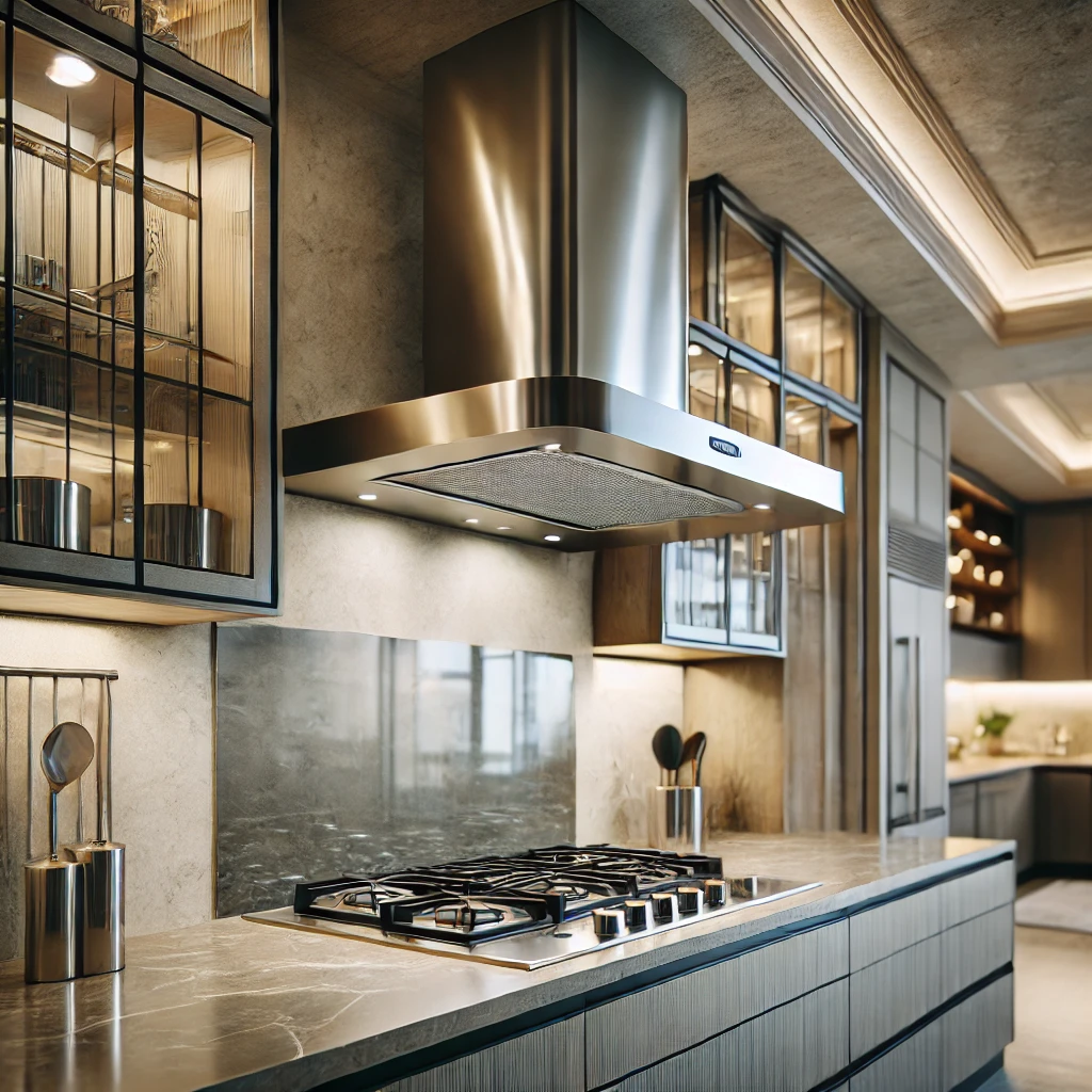 DALL·E 2025-01-01 15.58.37 - A decorative extractor hood in a stylish and modern kitchen setting. The extractor features a sleek design made of a combination of stainless steel an