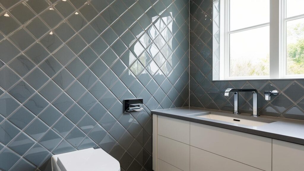 crea imagen de un baño moderno con azulejos en forma de rombo. No quiero azulejos cuadrados colocados de lado sino azulejos que sean claramente en forma de rombo.