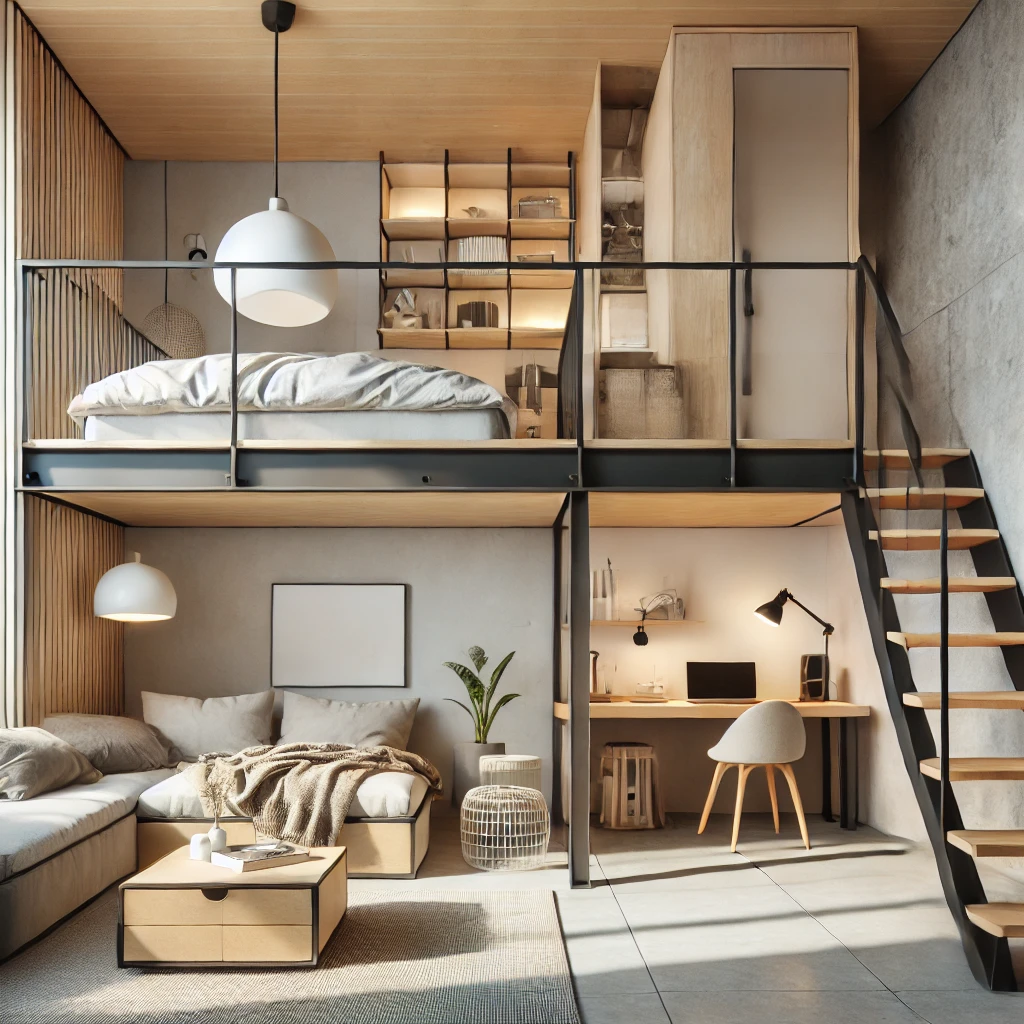 DALL·E 2024-12-31 12.00.16 - A modern loft-style room featuring a mezzanine level, perfect for maximizing space in a high-ceiling area. The mezzanine hosts a cozy sleeping area wi This image has an empty alt attribute; its file name is DALLE-2024-12-31-12.00.16-A-modern-loft-style-room-featuring-a-mezzanine-level-perfect-for-maximizing-space-in-a-high-ceiling-area.-The-mezzanine-hosts-a-cozy-sleeping-area-wi.webp