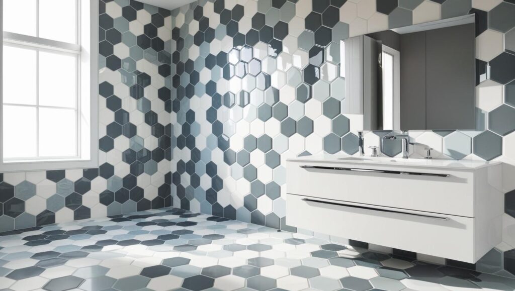 imagen de un baño moderno con azulejos en forma de hexágonos