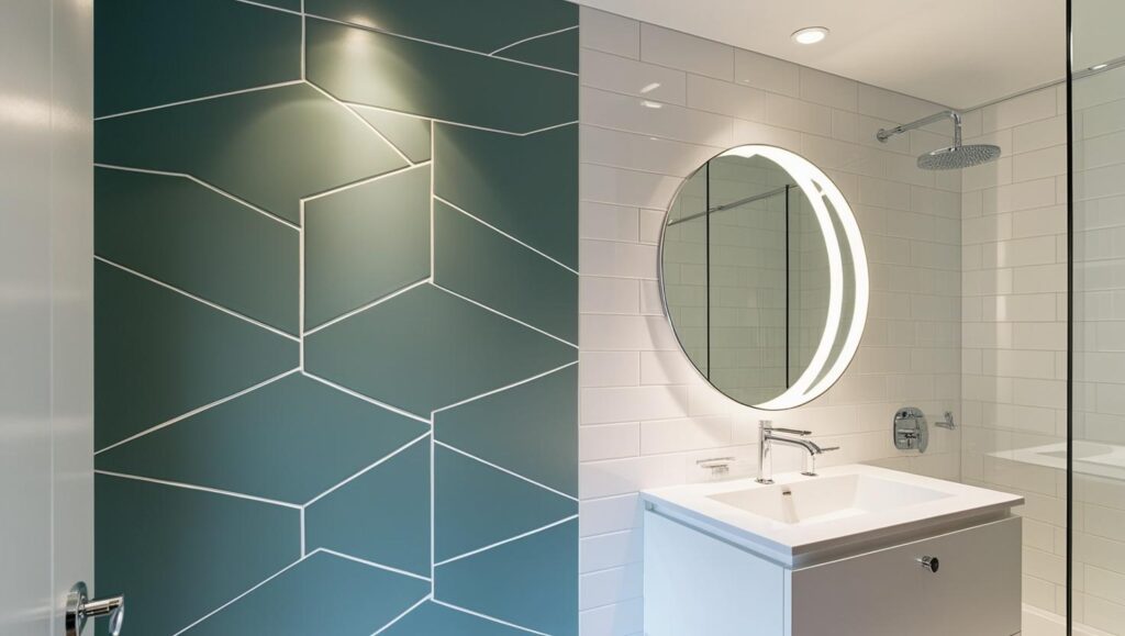 imagen de un baño moderno con azulejos en la pared en forma de flecha de doble punta.