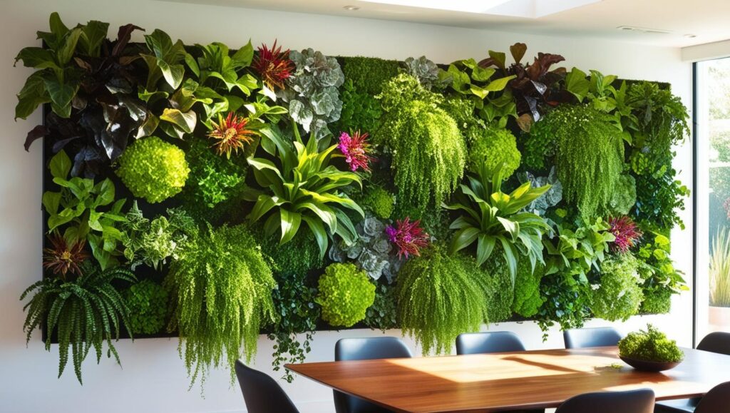 jardín vertical en un comedor para aportar aire fresco y frescura a la estética