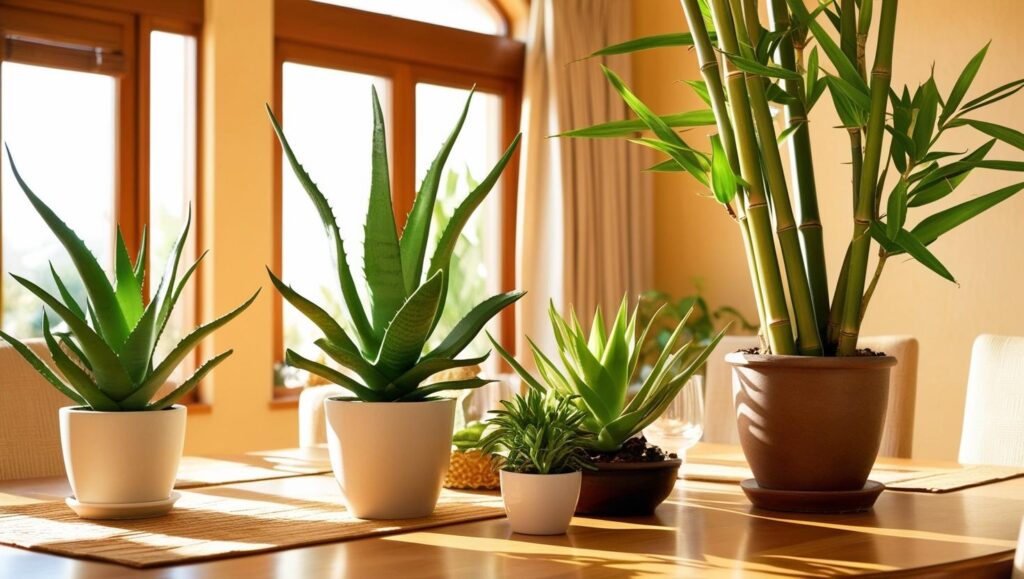 plantas de interior como la sansevieria, el aloe vera o la palma de bambú en un comedor porque puede mejorar la calidad del aire y crear un ambiente más saludable dentro de la casa.