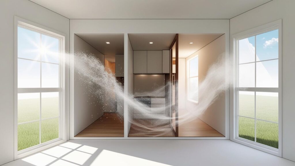 ventilación cruzada de una casa en la que entra aire por una ventana y sale por la ventana del fondo de la casa para ventilarla